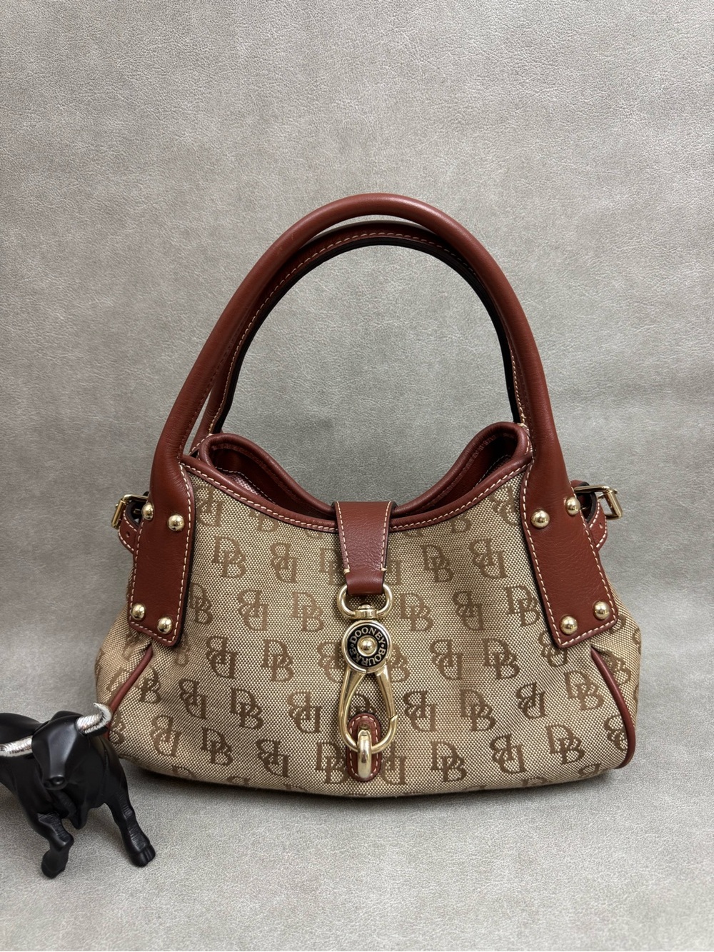 Dooney & Bourke Brown Monogram Shoulder Bag with Tan Canvas